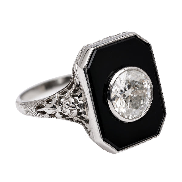 Art Deco Old European Cut Diamond Onyx 18k White Gold Filigree Ring Rings Jack Weir & Sons   