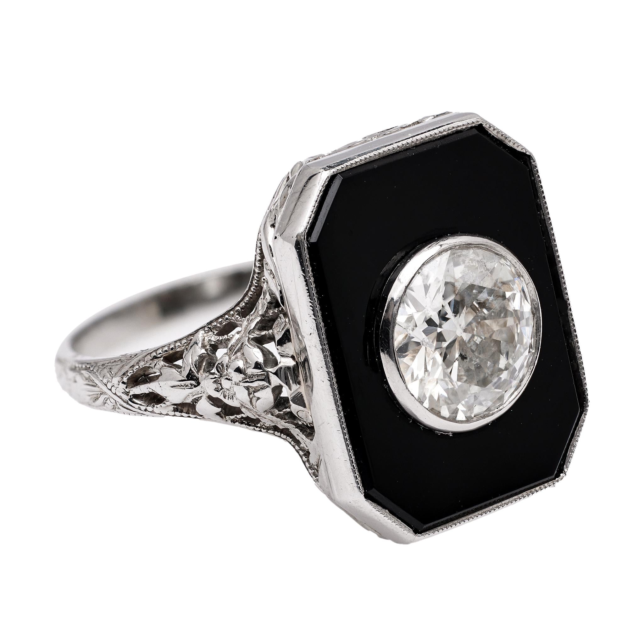 Art Deco Old European Cut Diamond Onyx 18k White Gold Filigree Ring  Jack Weir & Sons   