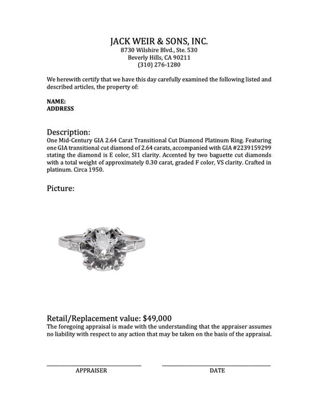 Mid-Century GIA 2.64 Carat Transitional Cut Diamond Platinum Ring Rings Jack Weir & Sons   