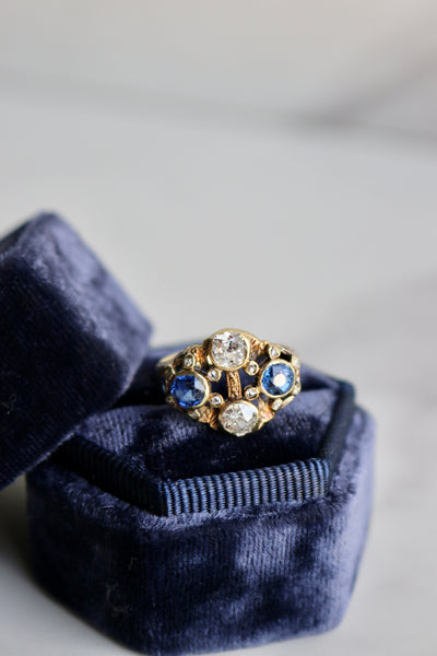 Antique French Diamond and Synthetic Sapphire 14k Yellow Gold Ring Rings Jack Weir & Sons   
