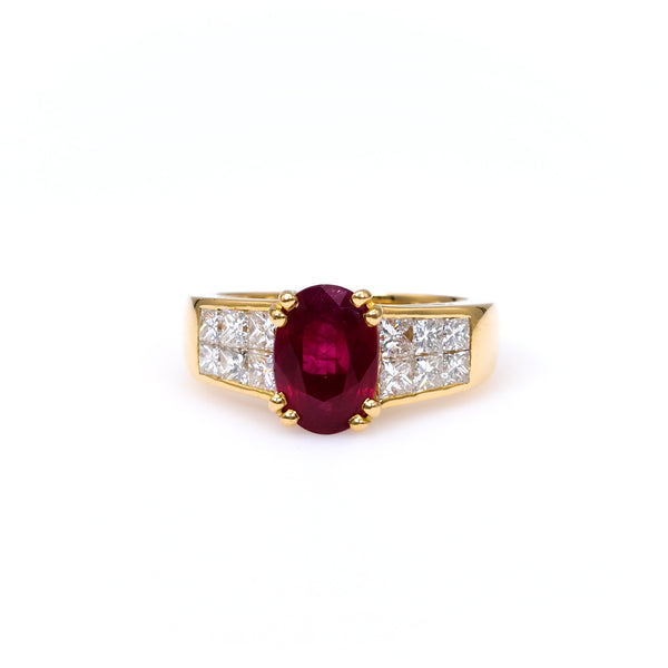 Vintage French GIA Burma Ruby and Diamond 18k Yellow Gold Ring