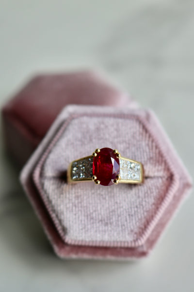 Vintage French GIA Burma Ruby and Diamond 18k Yellow Gold Ring Rings Jack Weir & Sons   