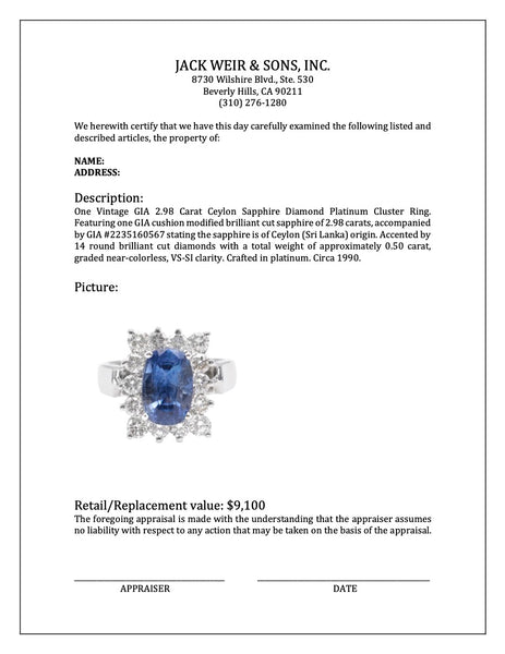 Vintage GIA 2.98 Carat Ceylon Sapphire Diamond Platinum Cluster Ring Rings Jack Weir & Sons   