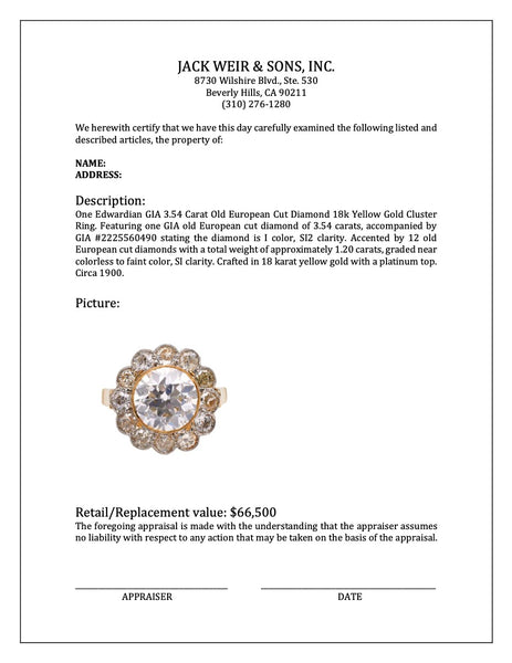 Edwardian GIA 3.54 Carat Old European Cut Diamond 18k Yellow Gold Cluster Ring Rings Jack Weir & Sons   
