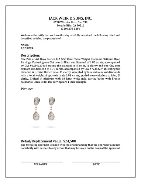 Art Deco French GIA 5.50 Carat Total Weight Diamond Platinum Drop Earrings Earrings Jack Weir & Sons   