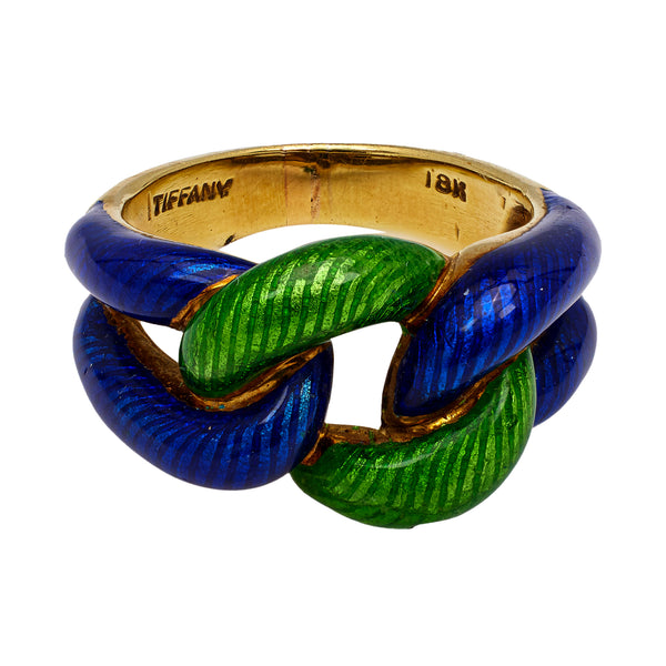 Vintage Tiffany & Co. 18k Yellow Gold Green and Blue Enamel Link Ring Rings Jack Weir & Sons   