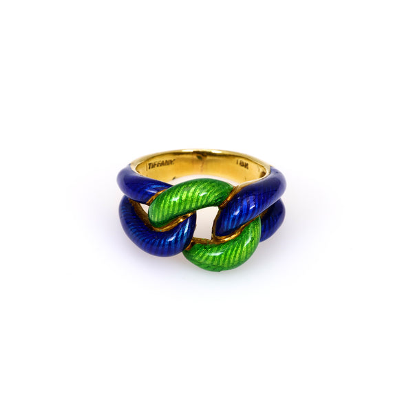Vintage Tiffany & Co. 18k Yellow Gold Green and Blue Enamel Link Ring
