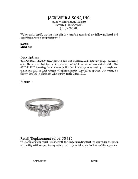 Art Deco GIA 0.94 Carat Round Brilliant Cut Diamond Platinum Ring Rings Jack Weir & Sons   