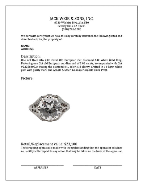 Art Deco GIA 2.08 Carat Old European Cut Diamond 14k White Gold Ring Rings Jack Weir & Sons   
