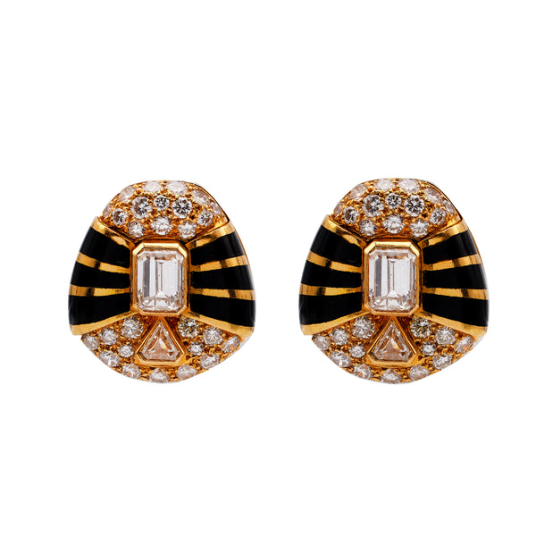 Vintage French Diamond and Enamel 18k Yellow Gold Clip on Earrings Earrings Jack Weir & Sons   