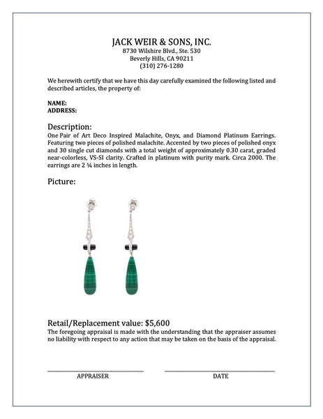 Art Deco Inspired Malachite, Onyx, and Diamond Platinum Earrings Earrings Jack Weir & Sons   
