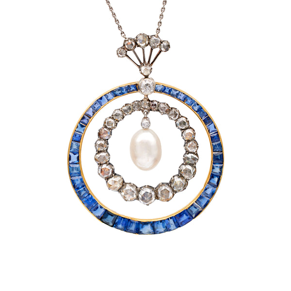 Antique GIA Natural Saltwater Pearl Diamond Sapphire 18k Silver Platinum Pendant Necklace Necklaces Jack Weir & Sons   