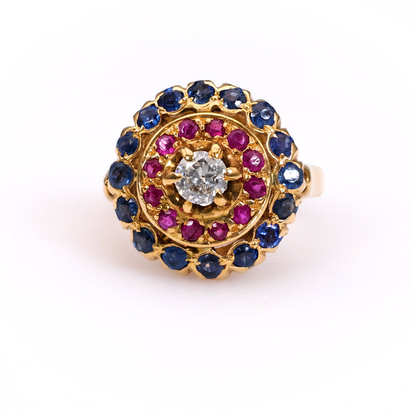 Mid-Century Diamond Ruby Sapphire 18k Yellow Gold Double Halo Ring