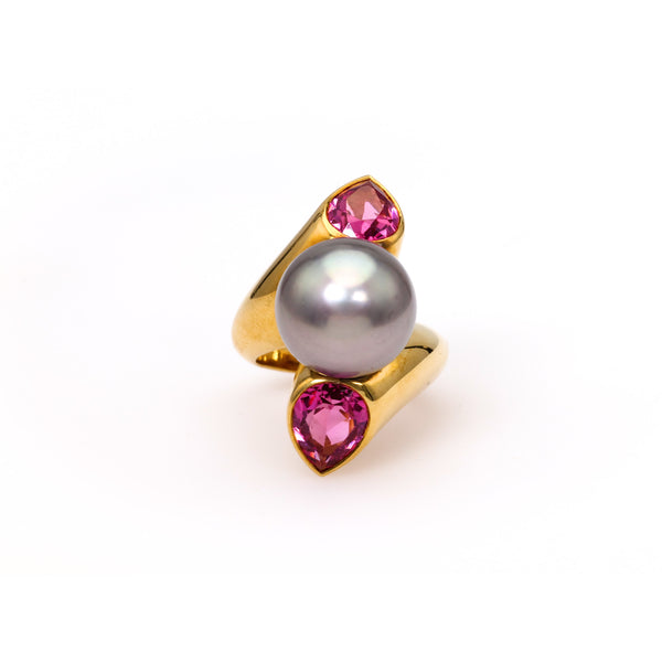 Vintage French Pearl and Tourmaline 18k Yellow Gold Ring