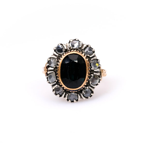 Victorian Revival Italian Sapphire and Diamond 18k Yellow Gold Cluster Ring