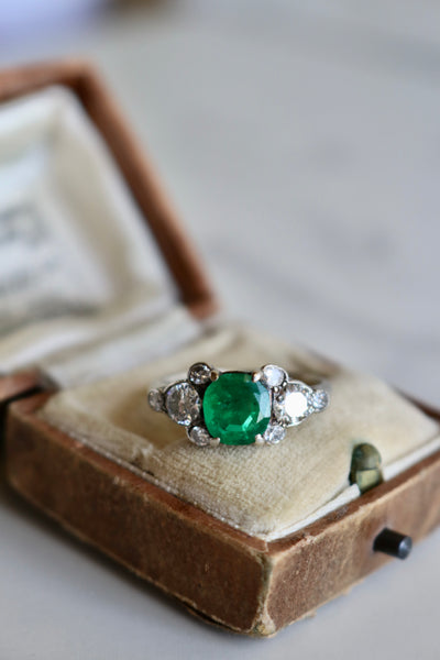 Art Deco GIA 2.42 Carat Brazilian Emerald and Diamond Silver Ring Rings Jack Weir & Sons   