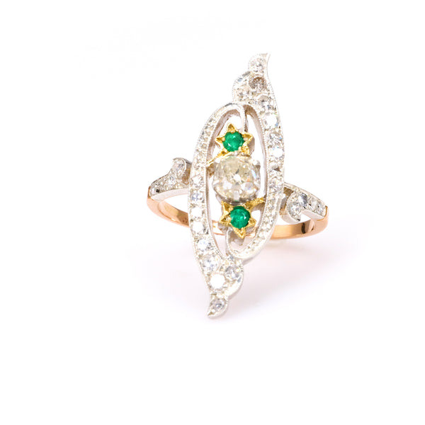 Antique Diamond and Emerald 18k Rose Gold Silver Navette Ring