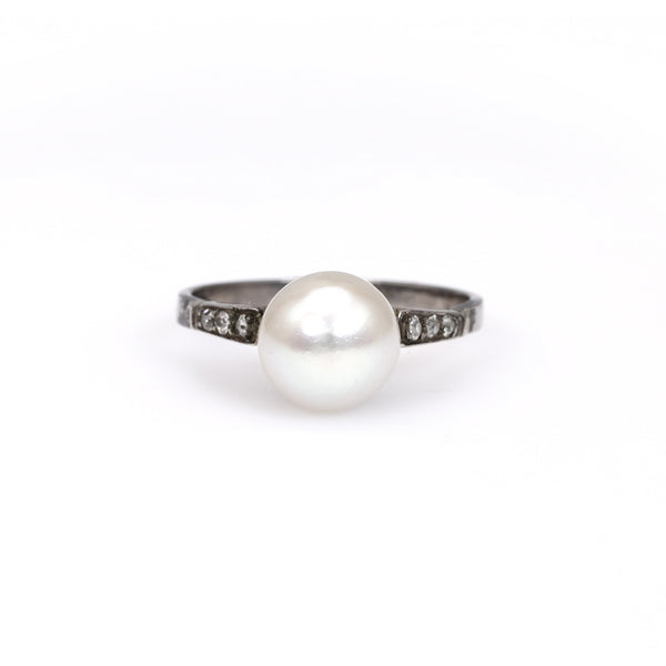 Antique GIA Pearl and Diamond Platinum Silver Ring