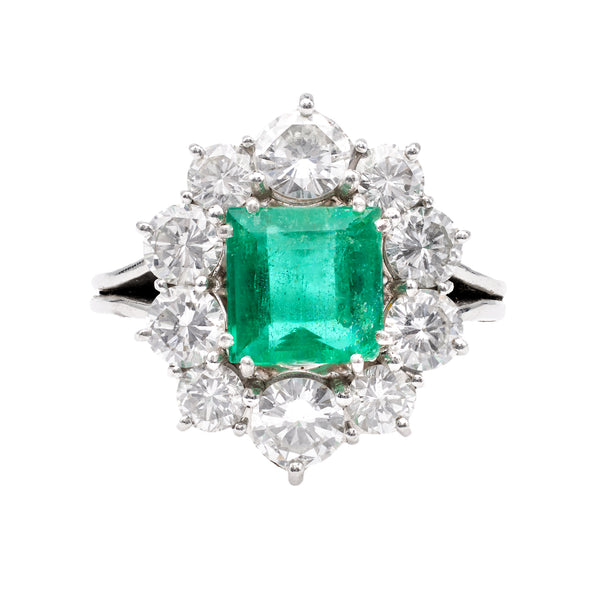 Vintage GIA Colombian Emerald Diamond Platinum Cluster Ring Rings Jack Weir & Sons   