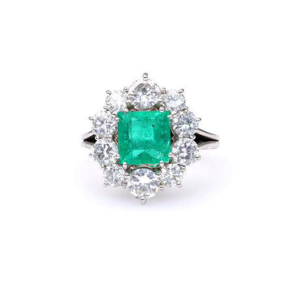 Vintage GIA Colombian Emerald Diamond Platinum Cluster Ring