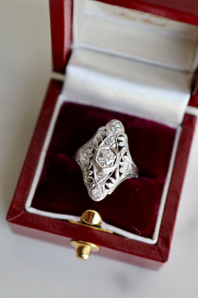 Art Deco Diamond 18k White Gold Navette Ring Rings Jack Weir & Sons   