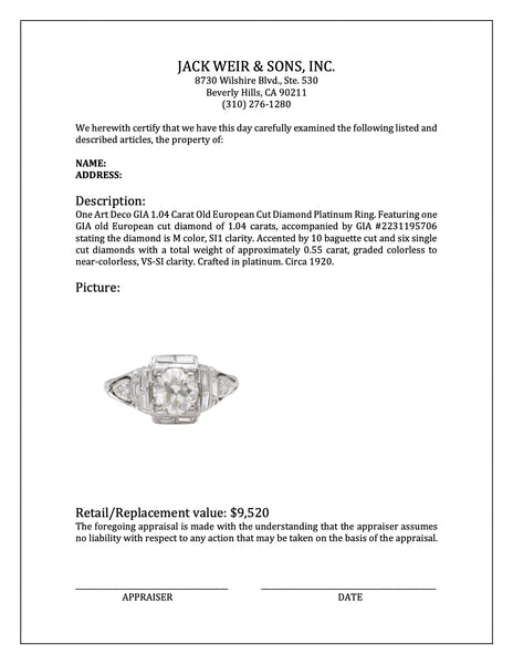 Art Deco GIA 1.04 Carat Old European Cut Diamond Platinum Ring Rings Jack Weir & Sons   