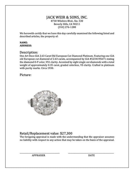 Art Deco GIA 2.63 Carat Old European Cut Diamond Platinum Rings Jack Weir & Sons   