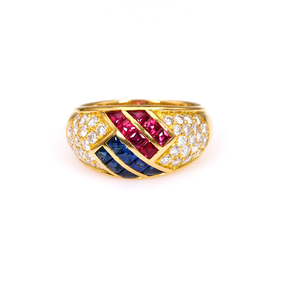 Vintage Mauboussin French Ruby, Sapphire, and Diamond 18k Yellow Gold Dome Ring