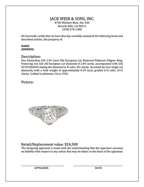 Edwardian GIA 2.44 Carat Old European Cut Diamond Platinum Filigree Ring Rings Jack Weir & Sons   