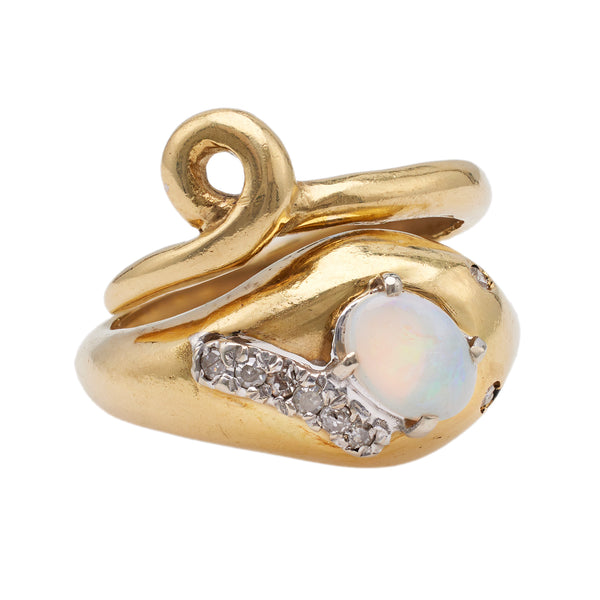 Vintage Opal and Diamond 18k Yellow Gold Snake Ring Rings Jack Weir & Sons   