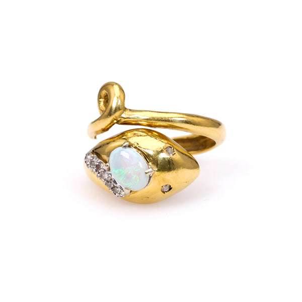 Vintage Opal and Diamond 18k Yellow Gold Snake Ring