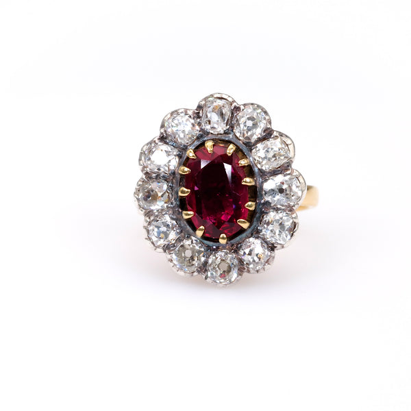 Antique Thai No Heat Ruby Diamond Silver 18k Yellow Gold Cluster Ring