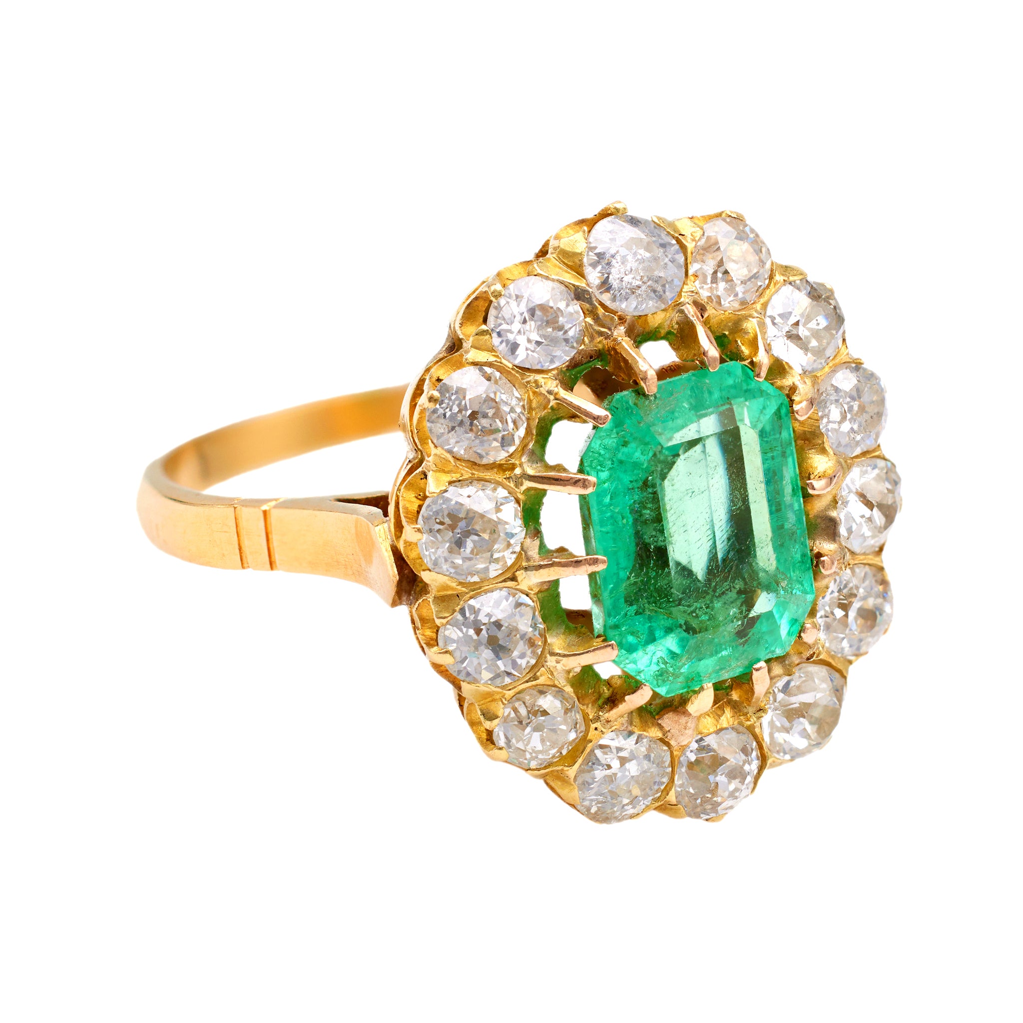 Victorian Revival GIA 2.50 Carat Colombian Emerald Diamond 18k Yellow Gold Cluster Ring Rings Jack Weir & Sons   