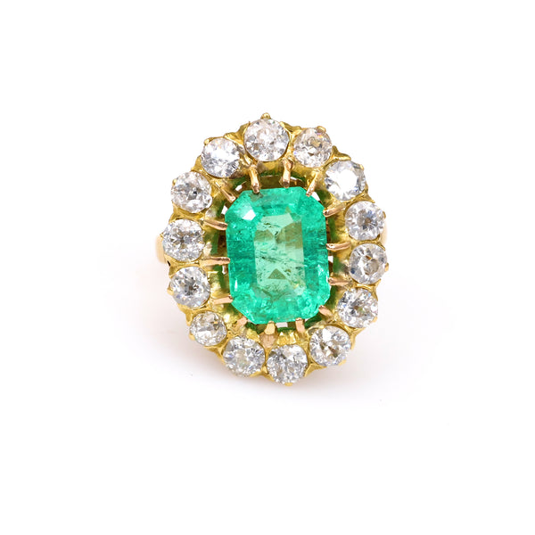 Victorian Revival GIA 2.50 Carat Colombian Emerald Diamond 18k Yellow Gold Cluster Ring