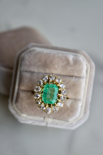 Victorian Revival GIA 2.50 Carat Colombian Emerald Diamond 18k Yellow Gold Cluster Ring Rings Jack Weir & Sons   