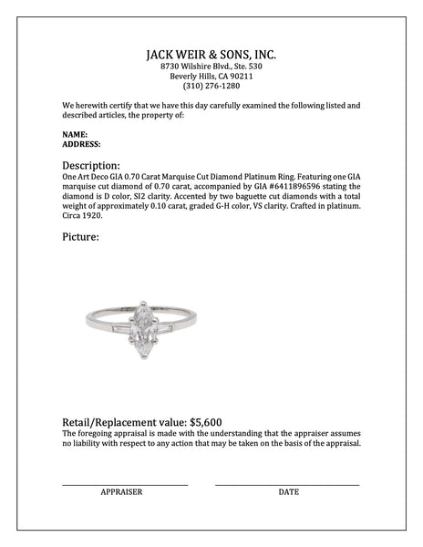 Art Deco GIA 0.70 Carat Marquise Cut Diamond Platinum Ring Rings Jack Weir & Sons   