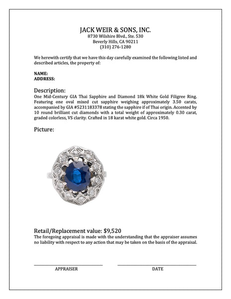 Mid-Century GIA Thai Sapphire and Diamond 18k White Gold Filigree Ring Rings Jack Weir & Sons   