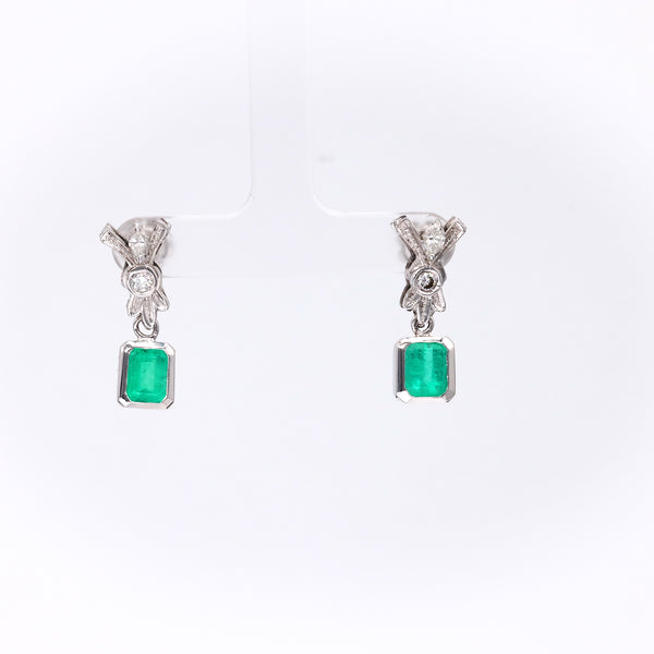 Pair of Mid-Century Emerald and Diamond Platinum Drop Earrings