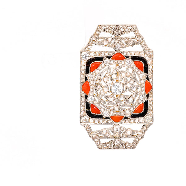 Art Deco 1.95 Carat Total Weight Diamond Coral Onyx Platinum 18k Yellow Gold Brooch