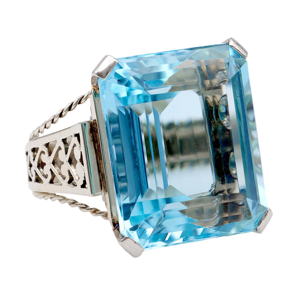 Art Deco French Aquamarine 18k White Gold Platinum Cocktail Ring Rings Jack Weir & Sons   