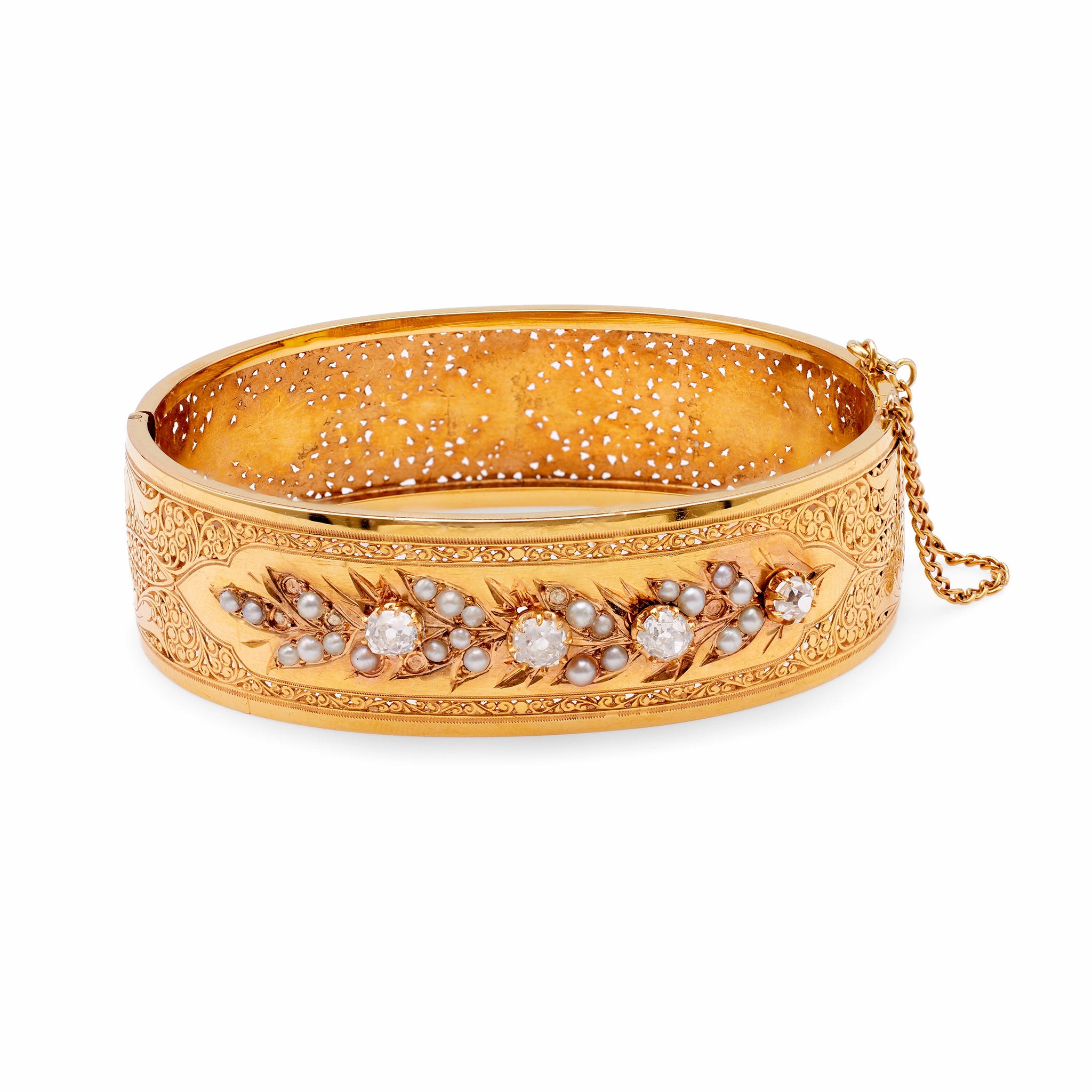 Belle Époque French Diamond and Pearl 18k Yellow Gold Bangle Bracelet Bracelets Jack Weir & Sons   