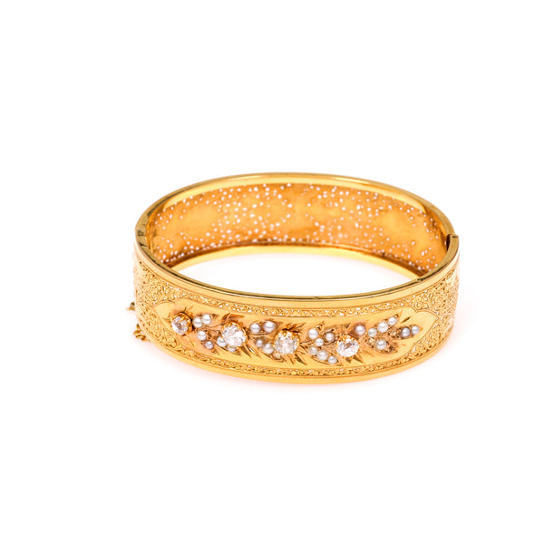 Belle Époque French Diamond and Pearl 18k Yellow Gold Bangle Bracelet