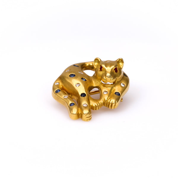 Vintage Sapphire Diamond Ruby 18k Yellow Gold Cheetah Brooch