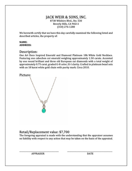 Art Deco Inspired Emerald and Diamond Platinum 18k White Gold Necklace Necklaces Jack Weir & Sons   