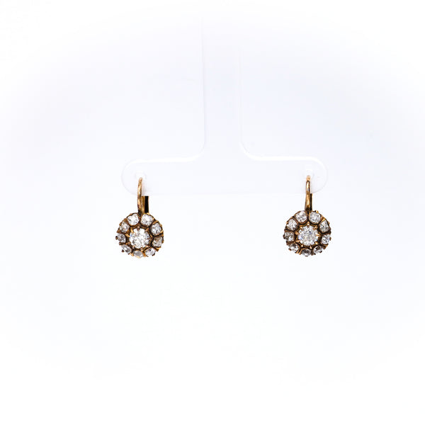 Pair of Antique Diamond 18k Yellow Gold Cluster Drop Earrings