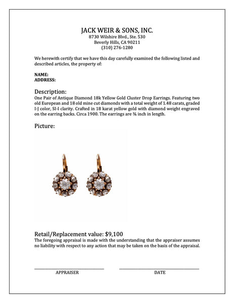 Pair of Antique Diamond 18k Yellow Gold Cluster Drop Earrings Earrings Jack Weir & Sons   