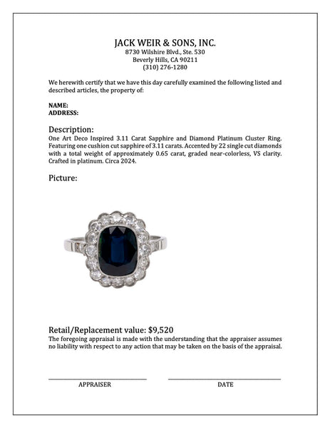 Art Deco Inspired 3.11 Carat Sapphire and Diamond Platinum Cluster Ring Rings Jack Weir & Sons   