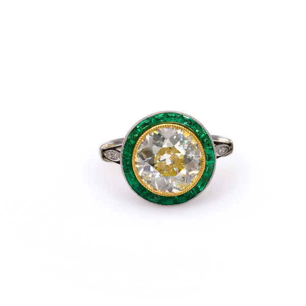 Art Deco Inspired 3.12 Carat Old European Cut Diamond Emerald Platinum 18k Gold Target Ring