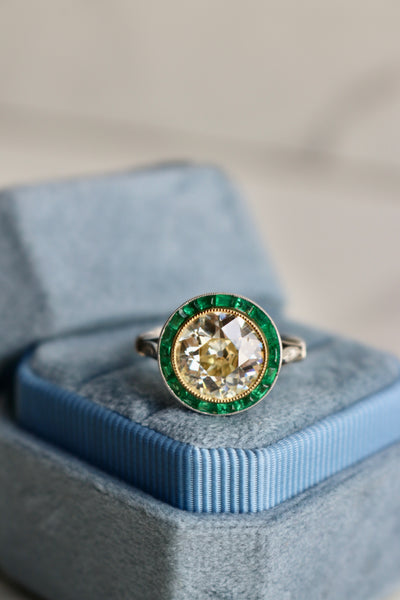 Art Deco Inspired 3.12 Carat Old European Cut Diamond Emerald Platinum 18k Gold Target Ring Rings Jack Weir & Sons   