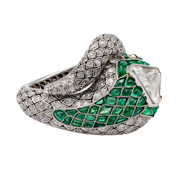 Art Deco Inspired Diamond and Emerald Platinum Snake Ring Rings Jack Weir & Sons   